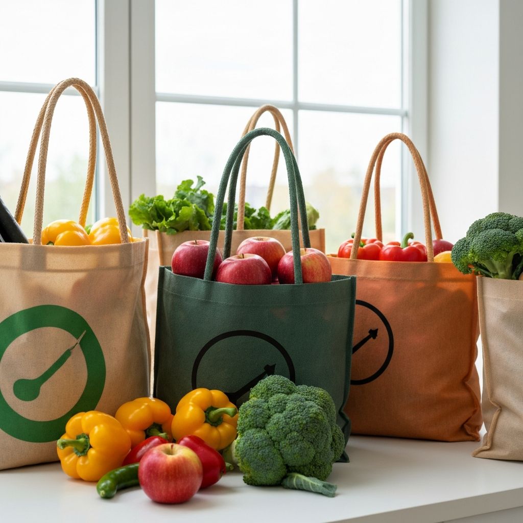 Återanvändbara matvarupåsar med färska livsmedel